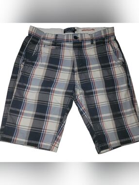 Point Zero Men's Grey, Navy And Cream Plaid Cotton Shorts Size 34
